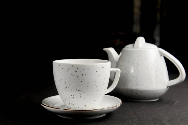 Tea Cup Tea Pot Black Background Tea Time Close — Stock Photo, Image