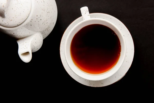 Teáscsésze Teáskanállal Fekete Háttér Felett Tea Idő Közelről — Stock Fotó