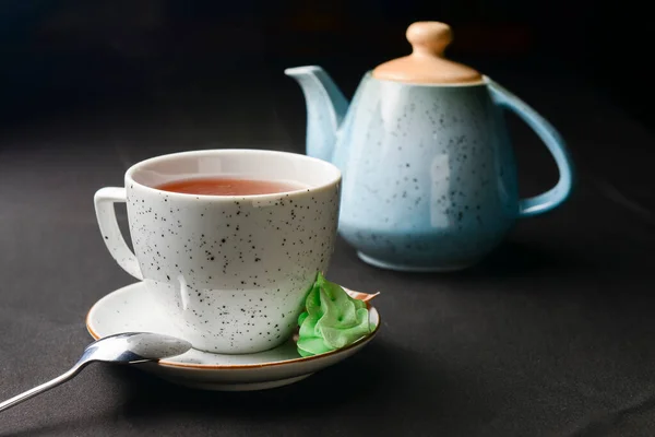 Tea Cup Tea Pot Black Background Tea Time Close — Stock Photo, Image