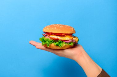 Ev yapımı sığır eti ızgara hamburger ve parlak mavi bir arka plan. Uzay afişini kopyala. Abur cubur, fast food konsepti.