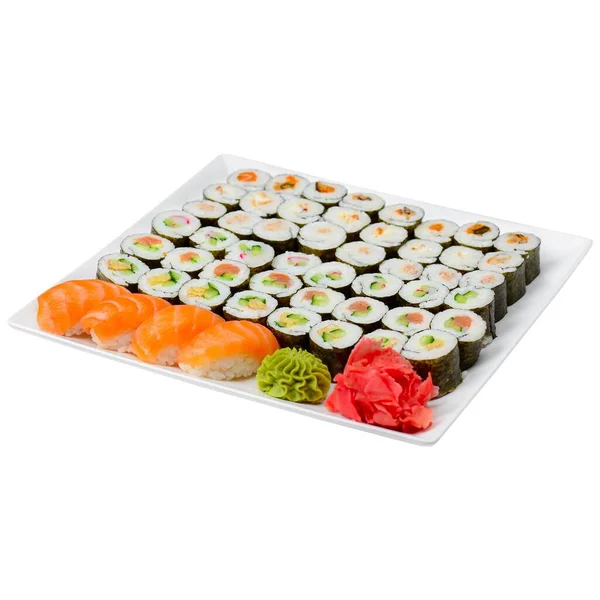 Sushi Set Isolated White Japanese Cuisne Traditional Sushi Sesame Seeds — Stock Photo, Image