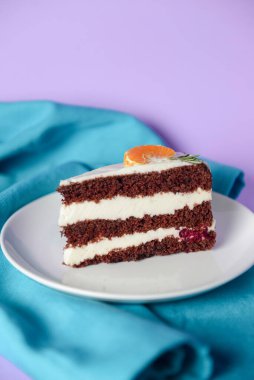 Vanilyalı çikolatalı kek. İçinde böğürtlen ve üstünde bir parça mandalina var. Renkli pembe ve mor arka planda beyaz bir tabakta servis edilmiş. Kahve ya da çay saati için tatlı..