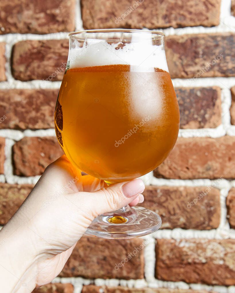 Craft beer held by female in a tulip glass over brick textured background. Craft wheat beer in a glass, alcoholic beverage.