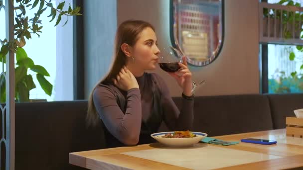 Joven Hermosa Mujer Está Bebiendo Vino Tinto Copa Vino Restraurant — Vídeo de stock