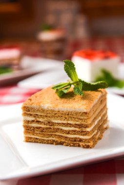 Üstünde nane yaprağı olan bir tabak ballı kek. Kırmızı ekose arka planda beyaz bir tabakta servis edilmiş. Çay ya da kahve için bal tatlısı..