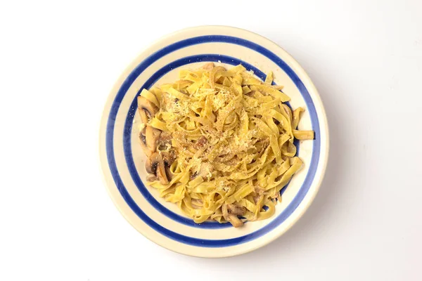 Pasta Penne Com Frango Cogumelo Sob Queijo Parmesão Servido Prato — Fotografia de Stock