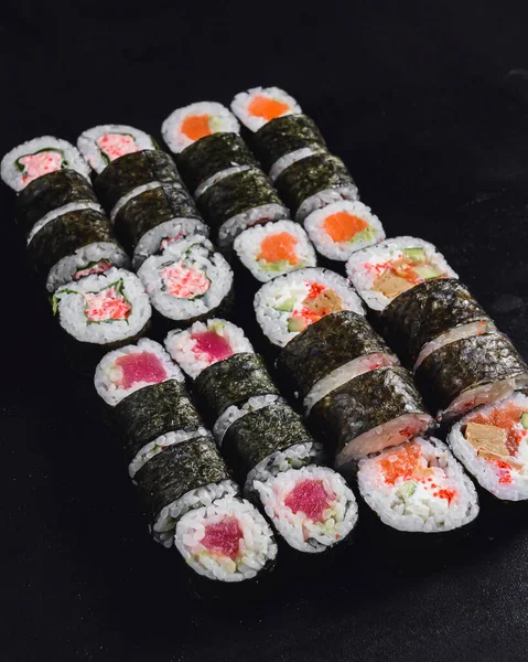 Mix Japanese Nori Rolls Black Background Traditional Japanese Sushi Set — Stock Photo, Image