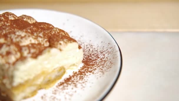 Caméra Déplace Lentement Sur Gâteau Tiramisu Concentre Sur Gâteau Tiramisu — Video