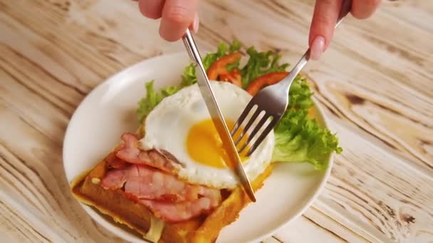 Desayuno Por Mañana Con Gofres Belgas Huevos Tocino Tomates Ensalada — Vídeos de Stock