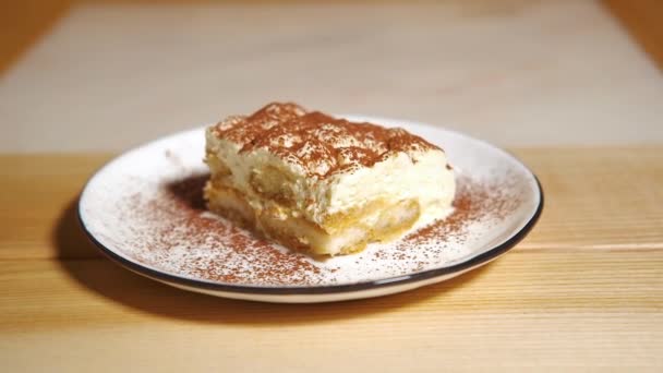 Camera Slowly Moves Tiramisu Cake Focuses Tiramisu Cake Slow Motion — Stock Video