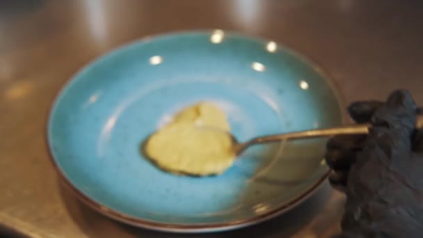 Chef Poniendo Salsa Plato Antes Hacer Una Ensalada Preparación Para — Vídeos de Stock