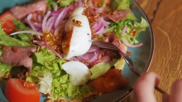 Insalata Fresca Con Verdure Arrosto Manzo Piatto Processo Fare Insalata — Video Stock