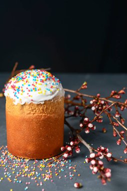 Paskalya kompozisyonu, ortodoks tatlı ekmek, kulich ve koyu siyah arkaplan üzerine serpiştirilmiş. Fotokopi alanı olan Paskalya tatili konsepti. Seçici odaklanma, bulanık arkaplan. Tatil kutlaması.