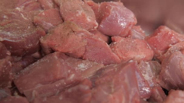 Primer plano de una carne cruda cortada en trozos para shashlik o shish kebab espolvoreado de sal marina y otras especias en bandeja de metal. — Vídeos de Stock