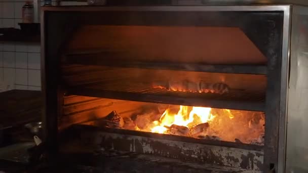 Шеф-кухар кладе шампури з м'ясом на гриль над вугіллям. М'ясо на шампурах. Ресторанний комплекс . — стокове відео