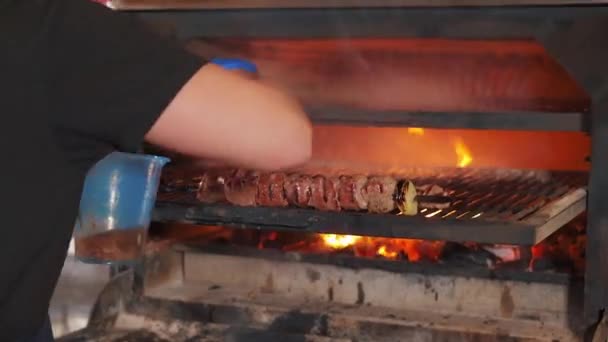 O chefe está a pôr espetos com carne na grelha por causa do carvão. Carne em espetos. Restaurante complexo. — Vídeo de Stock