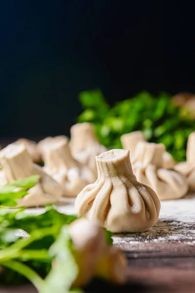 Georgian Dumpling Khinkali Georgian Homemade Khinkali Wooden Background Side View — Stock Photo, Image