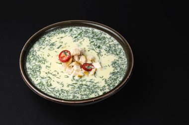 Yazın soğuk yoğurt çorbası okroshka ile tavuk siyah arka planda servis edilir. Okroshka 'nın geleneksel tarifi.