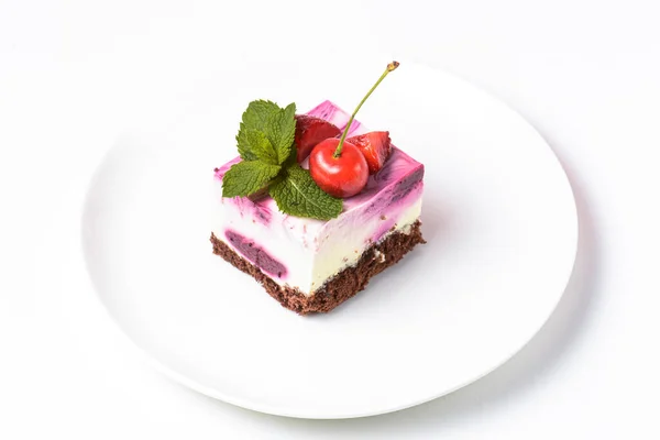 Rose Cherry Cheesecake Cream Fresh Cherry Top Served White Plate — Stock Photo, Image