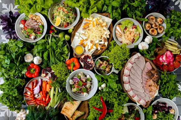 Kilátás Fentről Grúz Konyha Barna Asztalon Hagyományos Grúz Étel Első Stock Kép