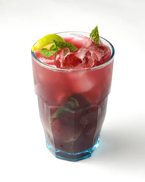 Isolated Drink Glass Cherry Juice Ice Fresh Mint Isolated White — Stock Photo, Image