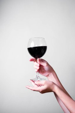Şarap kadehi tutan insan eli. Beyaz arka plan. Stüdyo çekimi. Metin ve pankart için boş alan.