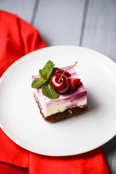 Rose Cherry Cheesecake Cream Fresh Cherry Top Served White Plate — Stock Photo, Image
