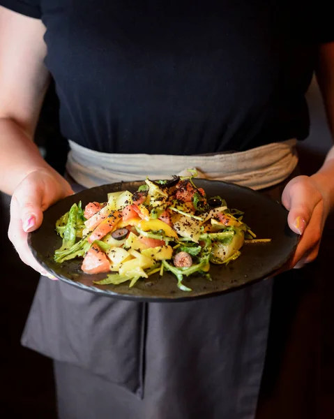 Salad Cherry Tomatoes Red White Onion Cucumber Lettuce Fresh Dill — Fotografia de Stock