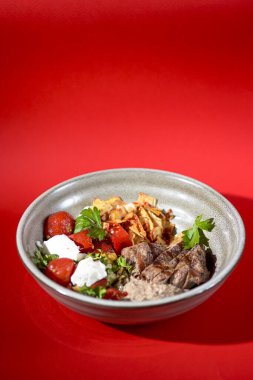 Sağlıklı salata, ızgara et, vişneli domates, peynir ve sos, kırmızı arka planda seramik tabakta servis ediliyor. Gürcistan mutfağı kavramı.