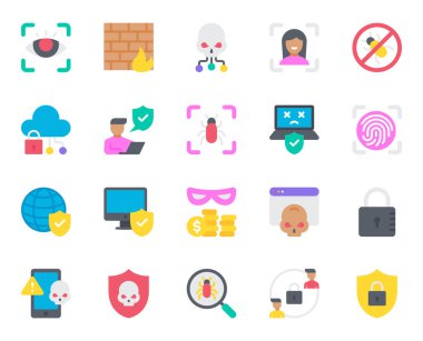 Siber güvenlik için düz renk simgeleri ayarlandı