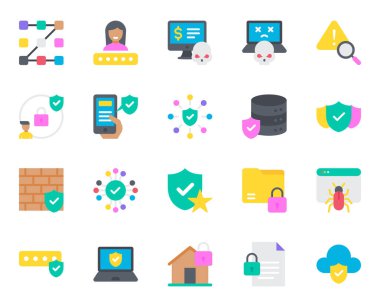 Siber güvenlik için düz renk simgeleri ayarlandı