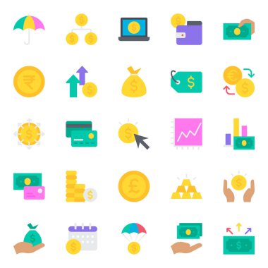 Finans yatırımı için düz renk simgeleri ayarlandı