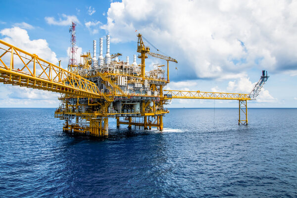 Oil and gas platform in the gulf or the sea, The world energy, Offshore oil and rig construction.