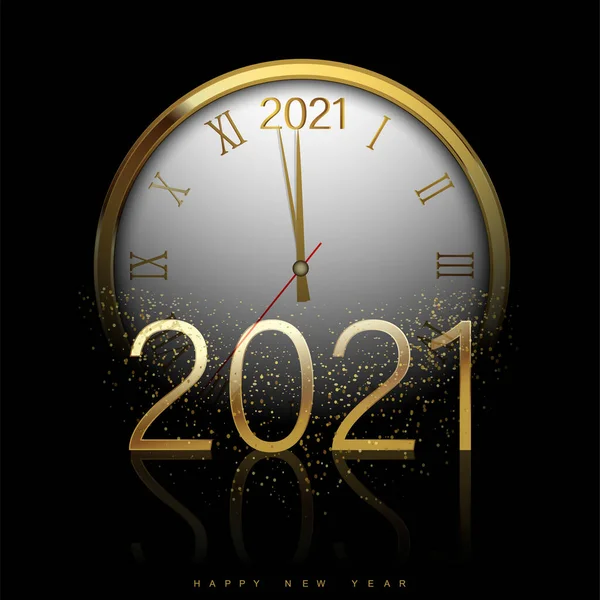 Felice Anno Nuovo 2021 Con Orologio Oro Lucido Vettore — Vettoriale Stock