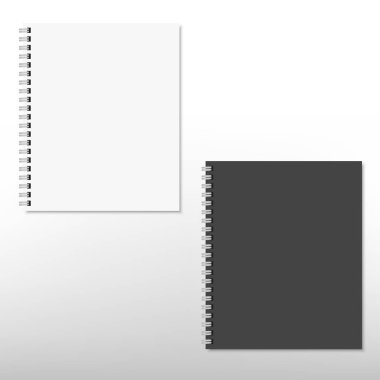 Beyaz üzerine izole edilmiş gerçekçi beyaz ve siyah spiral not defteri. Vektör.