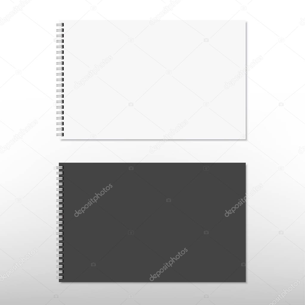 Realistic white and black spiral notepad notebook isolated on white. Vector.