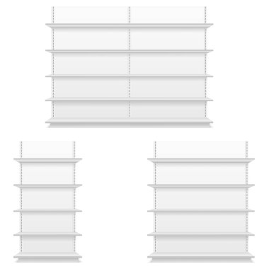 Beyaz arka planda izole edilmiş beyaz, boş pazar mağazası rafları. Vektör.