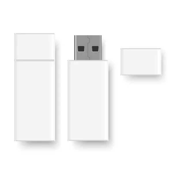 Realistic white USB flash disk with cap. Vector — Stock Vector