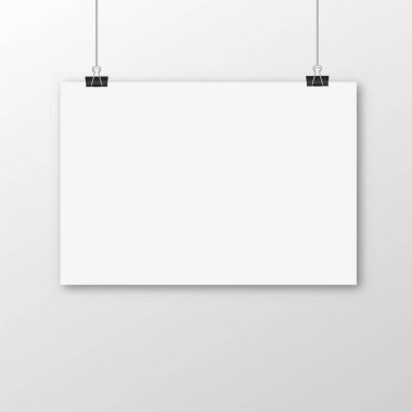 Beyaz arka planda klasörlü beyaz poster asılı. Vektör.