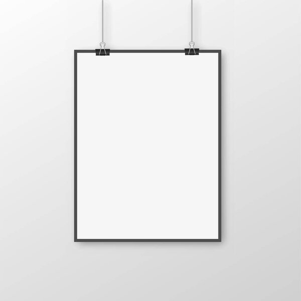 White poster hanging with binder on white background. Vector.