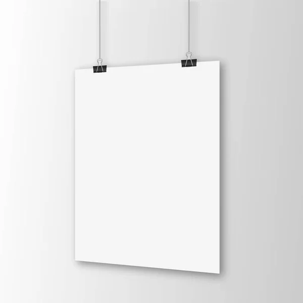 Cartaz Branco Pendurado Com Ligante Fundo Branco Vista Prospectiva Vetor — Vetor de Stock