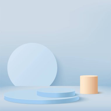 Mavi geometrik 3 boyutlu podyumlarla soyut arka plan. Vektör illüstrasyonu