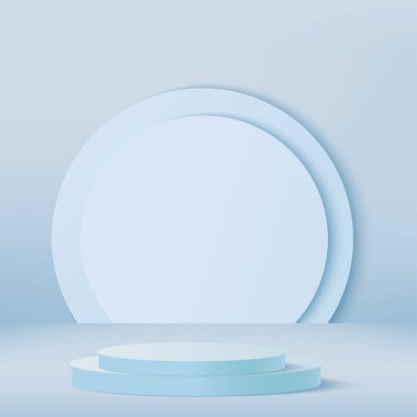 Mavi geometrik 3 boyutlu podyumlarla soyut arka plan. Vektör illüstrasyonu