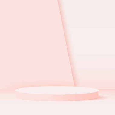 Pembe geometrik 3 boyutlu podyumlarla soyut arka plan. Vektör illüstrasyonu.