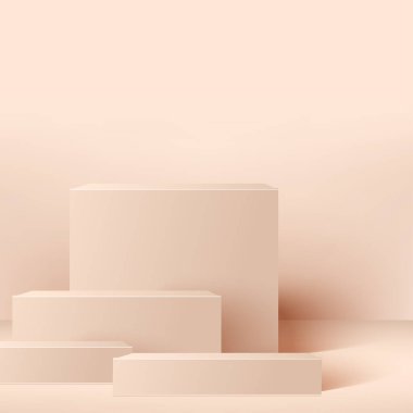 Pembe kare geometrik üç boyutlu podyumlarla soyut arkaplan. Vektör illüstrasyonu.