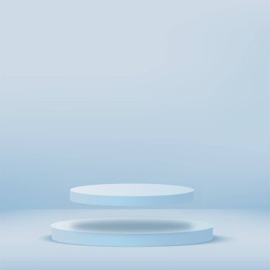 Mavi geometrik 3 boyutlu podyumlarla soyut arka plan. Vektör illüstrasyonu