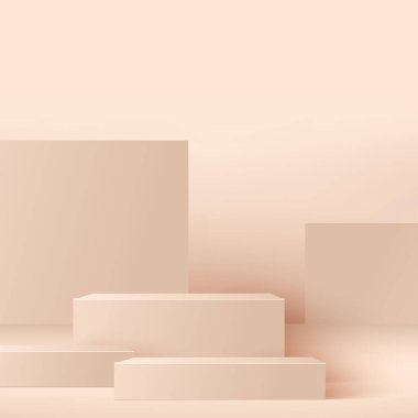 Pembe geometrik 3 boyutlu podyumlarla soyut arka plan. Vektör illüstrasyonu
