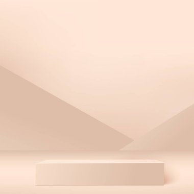 Pembe geometrik 3 boyutlu podyumlarla soyut arka plan. Vektör illüstrasyonu