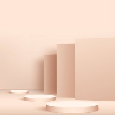 Pembe geometrik 3 boyutlu podyumlarla soyut arka plan. Vektör illüstrasyonu.
