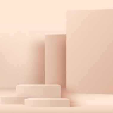 Pembe geometrik 3 boyutlu podyumlarla soyut arka plan. Vektör illüstrasyonu